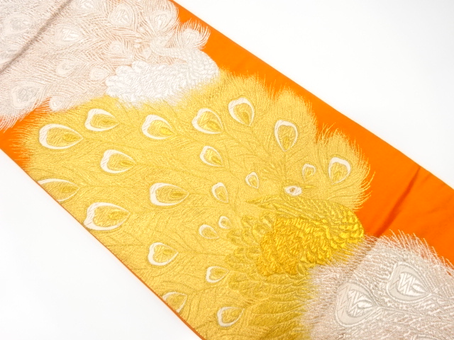 JAPANESE KIMONO / ANTIQUE FUKURO OBI / SILK / WOVEN PEACOCK
